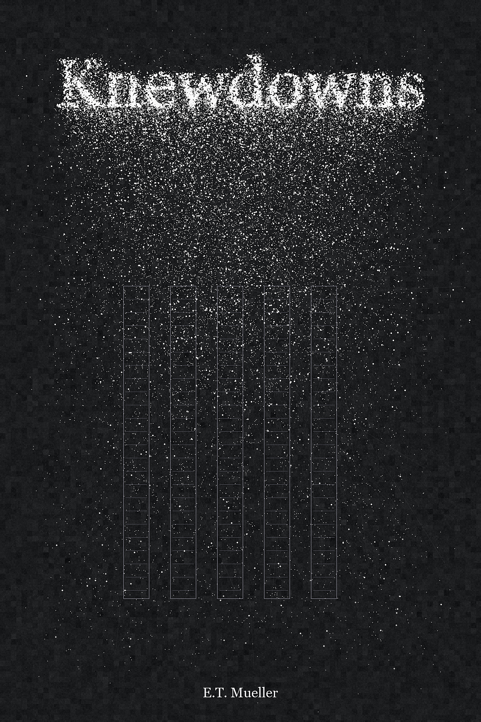 KnewDowns cover: the title dissolving into a field of falling white particles above five faint server racks, on black.